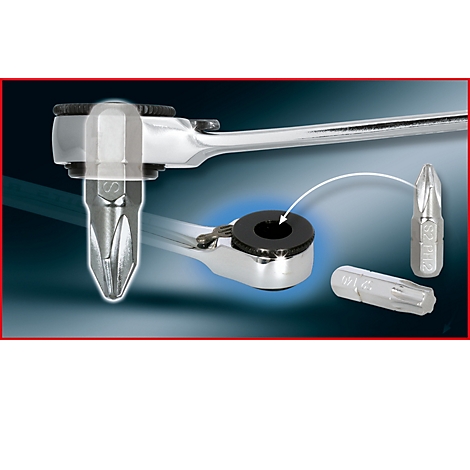 Eine Nahaufnahme eines Schraubenschlüssels mit austauschbaren Bits, Details und Beschriftungen sind zu erkennen.